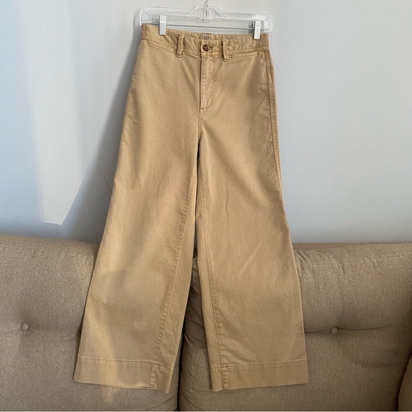 GAP Pants High Rise Wide-Leg Crop Khaki Chinos Stretch Neutral Minimalist 2 - Picture 3 of 12